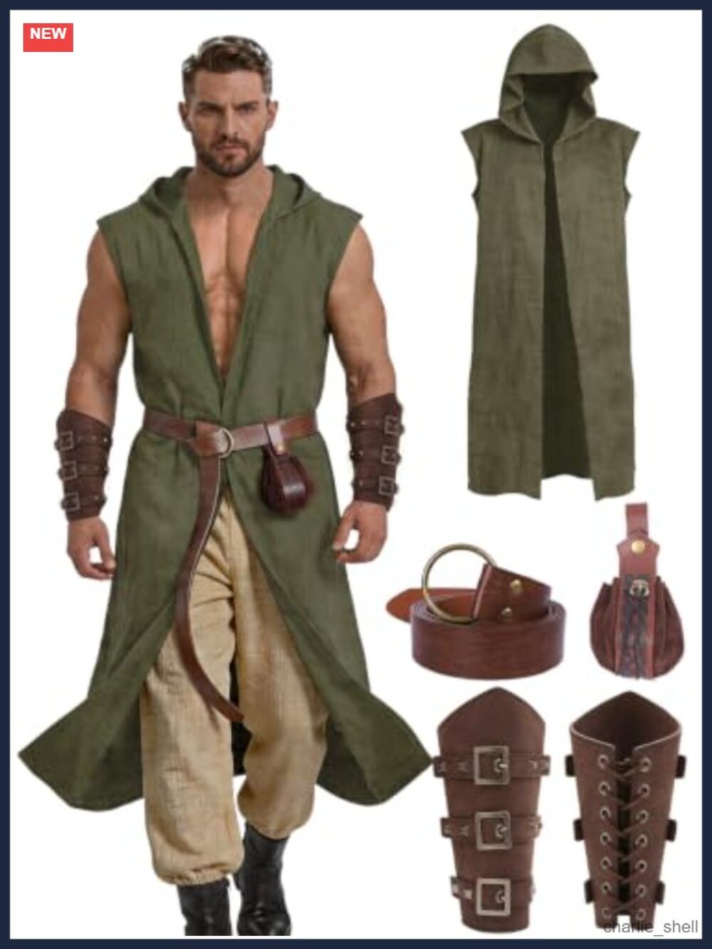 Medieval Viking Hooded Sleeveless Surcoat Tunic Renaissance Costume Set
